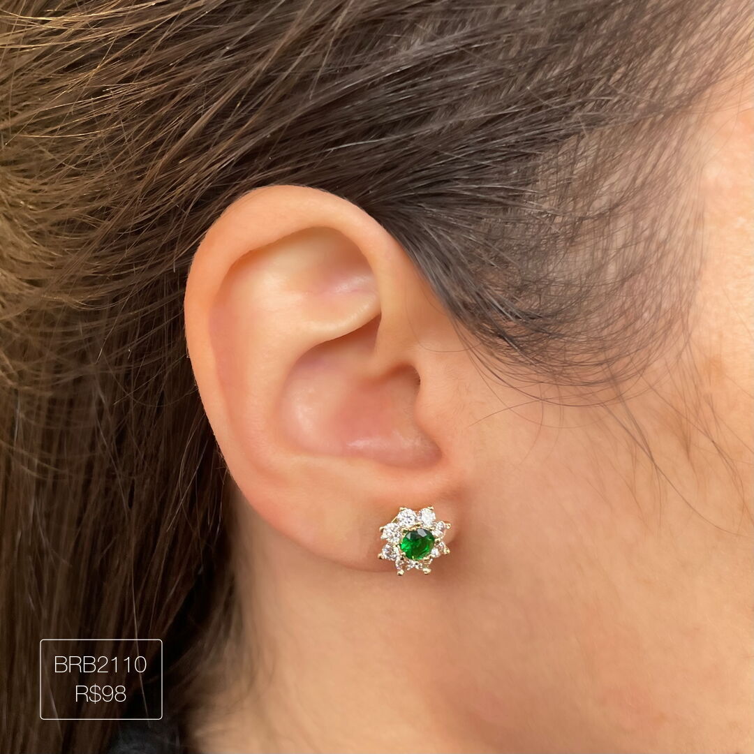 Brinco Flower Verde Galeria Cravejada Cristal Dourado